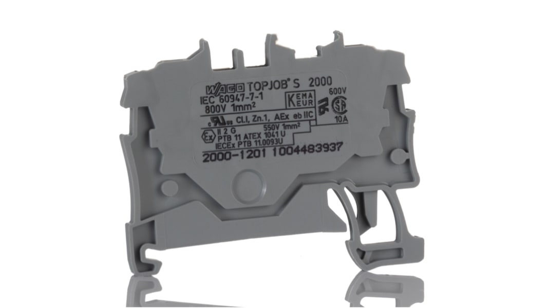 WAGO 2000-1201 TOPJOB S, 2000 Series Grey, 1mm², Single-Level, Push-In Cage Clamp Termination, ATEX, IECEx