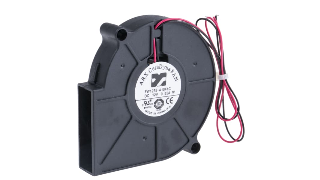 Wentylator promieniowy 12 V DC ARX szerokość: 75mm przepływ: 16.58m³/h rostaw otworów: 80.8mm