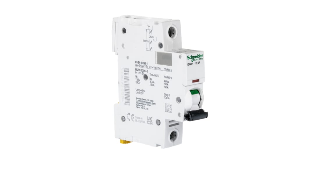 Schneider Electric Acti 9 iC60H MCB, 1P, 6A Curve D, 100 → 133V AC, 72V DC, 10 kA Breaking Capacity
