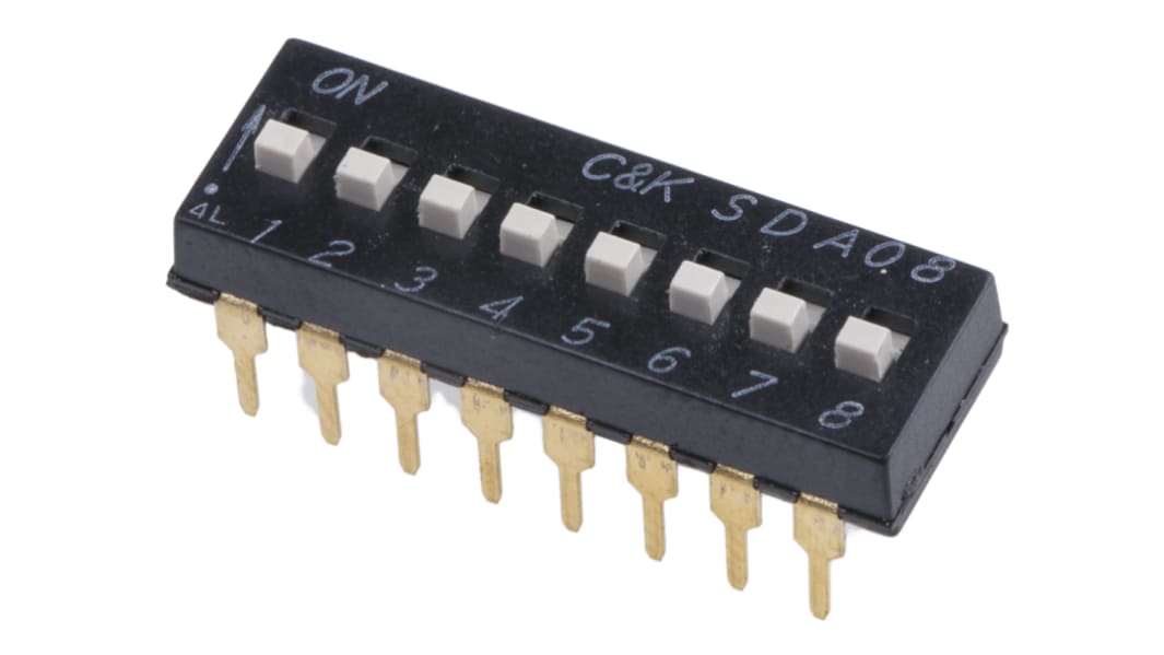 Interruptor DIP, SPST, Montaje en orificio pasante, Actuador Extendido, 25 mA a 24 V dc, 8 vías, -40 → +85°C