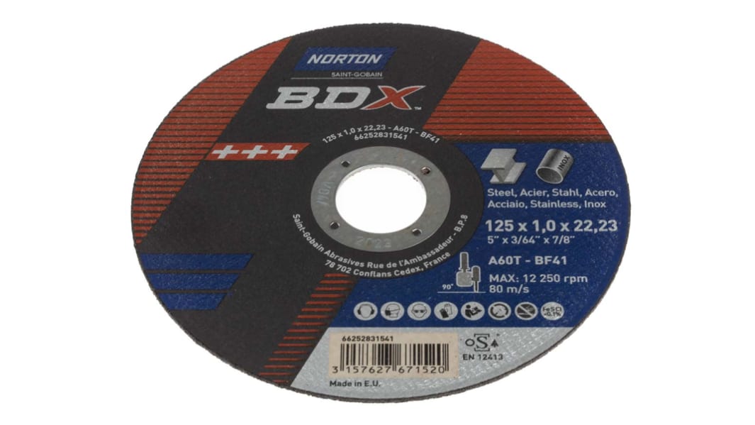 Norton Cutting Disc Aluminium Oxide Cutting Disc, 125mm x 1mm Thick, Medium Grade, P60 Grit, 5 in pack