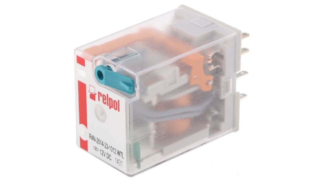 Relé de potencia sin enclavamiento Relpol R4N de 4 polos, 4PDT, bobina 12V dc, 6A, enchufable