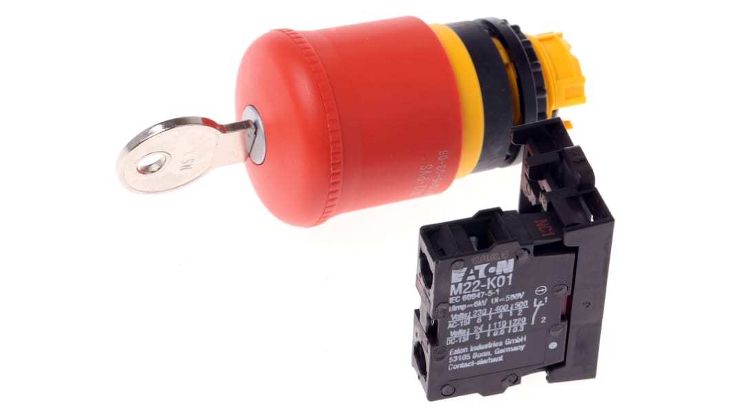Eaton RMQ Titan M22 Series Key Release Emergency Stop Push Button, Panel Mount, 22.5mm Cutout, 1NC, IP66, IP67, IP69K