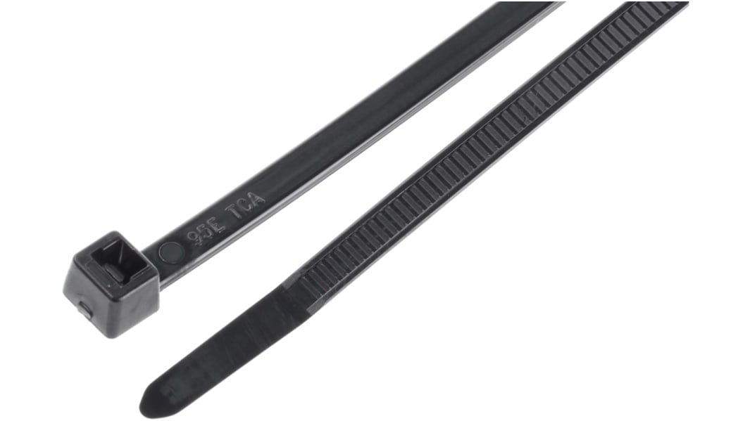 HellermannTyton Cable Tie, Inside Serrated, 200mm x 4.6 mm, Black Polyamide 6.6 (PA66), Pk-100