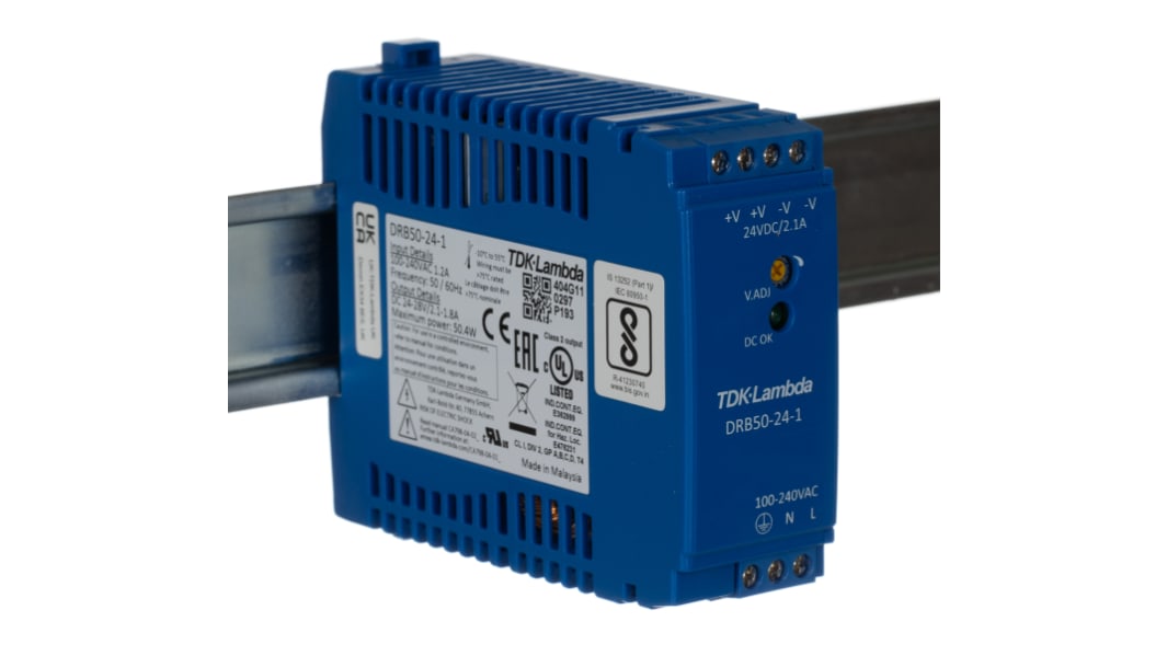 TDK-Lambda DRB Switched Mode DIN Rail Power Supply, 85 → 264V ac ac Input, 24V dc dc Output, 2.1A Output, 50W