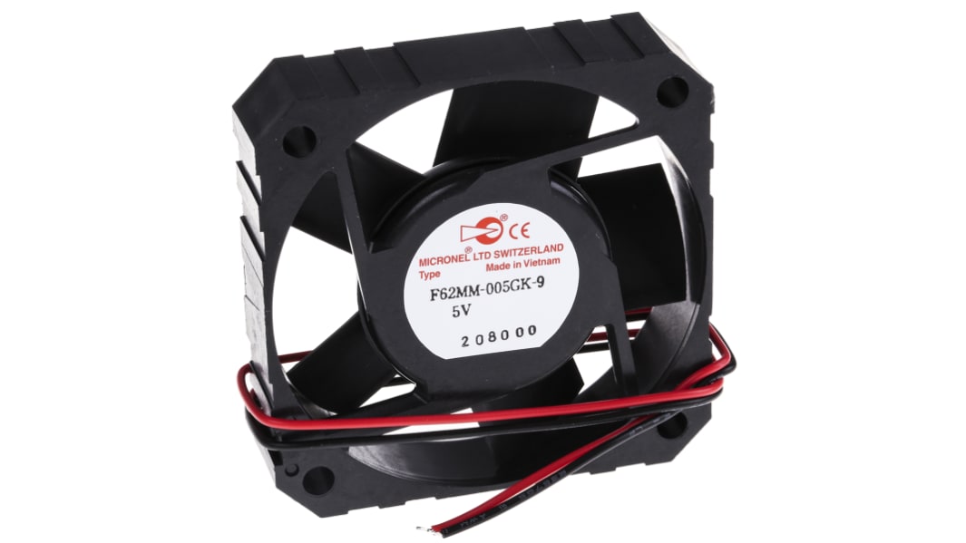 Micronel F62MM-9 Series Axial Fan, 5 V dc, DC Operation, 22m³/h, 1.9W, 200mA Max, 62 x 62 x 15mm
