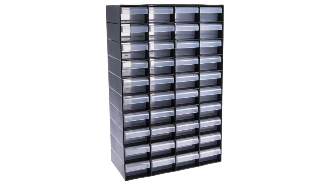 RS PRO Kunststoff Schubladeneinheit, Kleinteilemagazin Schwarz, 40 Einschübe, 420mm x 270mm x 130mm