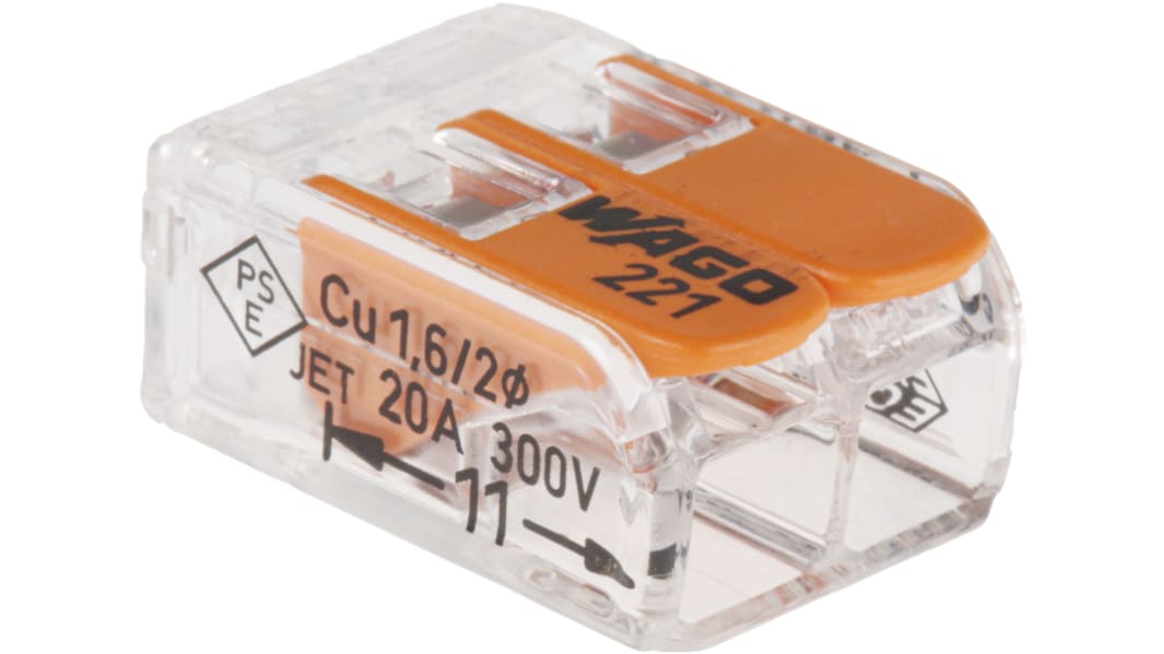 WAGO 221 Polycarbonat Hebelsteckverbinder transparent Käfigklemme 2-polig 24 → 12 AWG / 32A