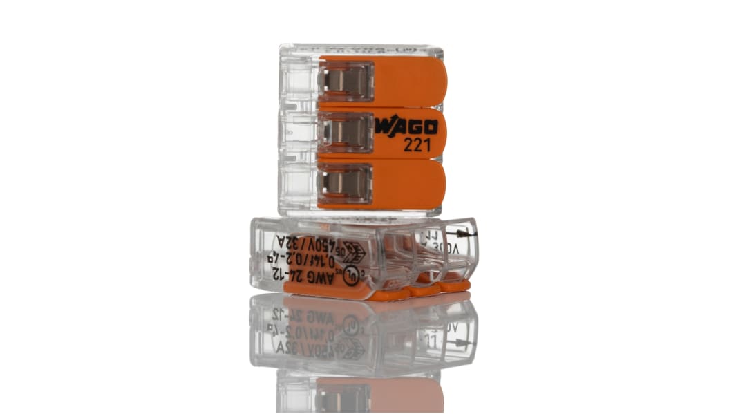 WAGO 221 Series Lever Connector, 3-Way, 32A, 24 → 12 AWG Wire, Cage Clamp Termination