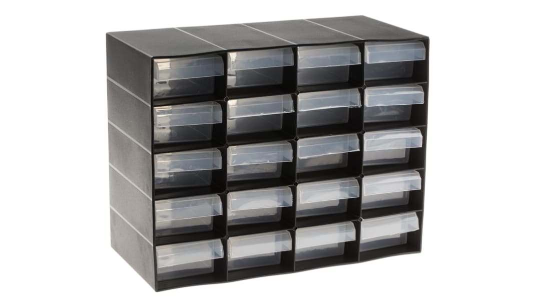 RS PRO 20 Drawer Storage Unit, PP, 210mm x 270mm x 130mm, Black