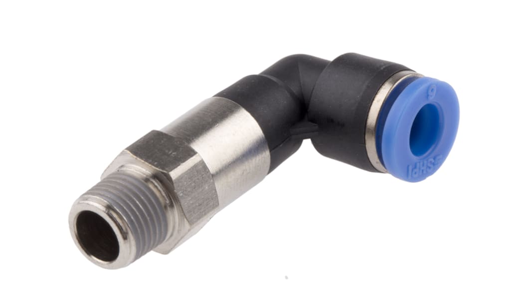 Adaptateur fileté coudé RS PRO vers Enfichable 6 mm R 1/8 Mâle
