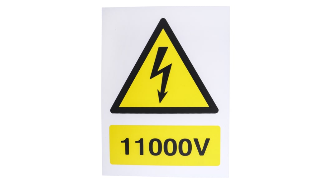 Señal de advertencia con pictograma: Peligro eléctrico, texto en: Inglés "11000V", 150mm x 200 mm