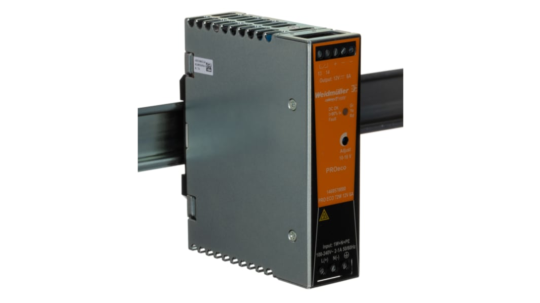 Weidmuller PRO ECO Switched Mode DIN Rail Power Supply, 85 → 264 V ac / 80 → 370V dc ac, dc Input, 12V dc