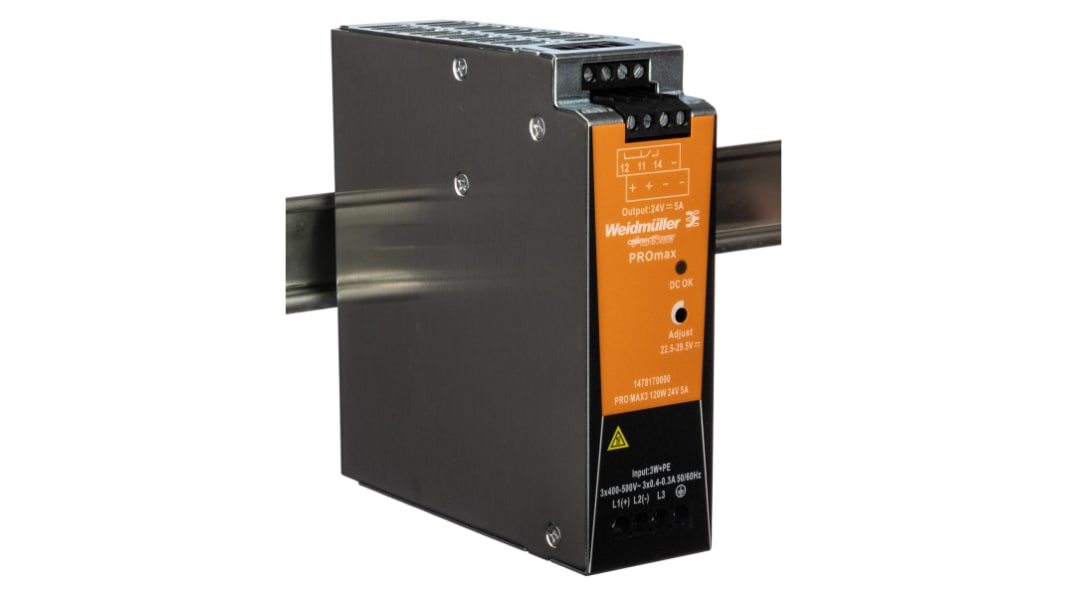 Alimentatore a montaggio su guida DIN Weidmuller, 24V cc, 5A, 320 → 575 V ac / 450 → 800V cc, 120W