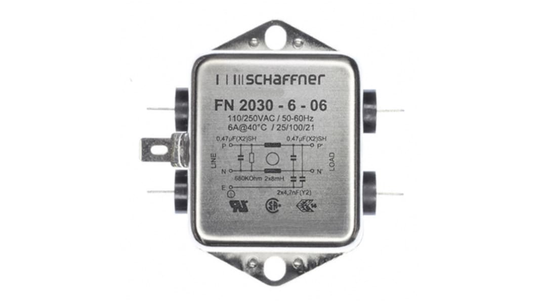 Filtre EMI Schaffner, 6A max, monophasé  phases, 250 V c.a./c.c. max, Montage sur châssis, série FN2030