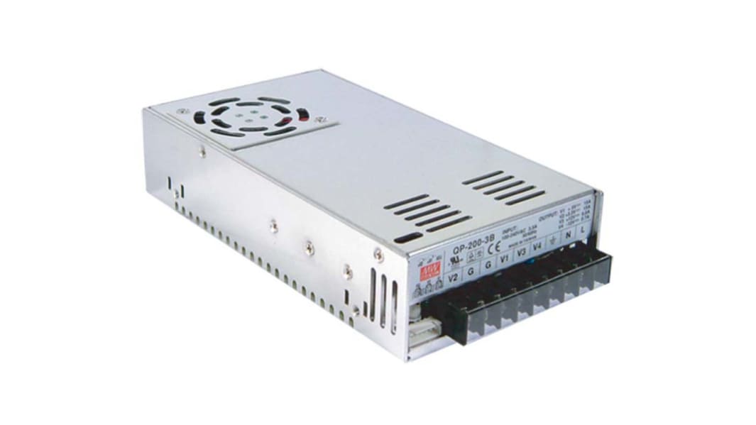 MEAN WELL Switching Power Supply, QP-200F, 5 V dc, ±15 V dc, ±24 V dc, 3 A, 15 A, 700 mA, 202.5W, Quad Output, 127