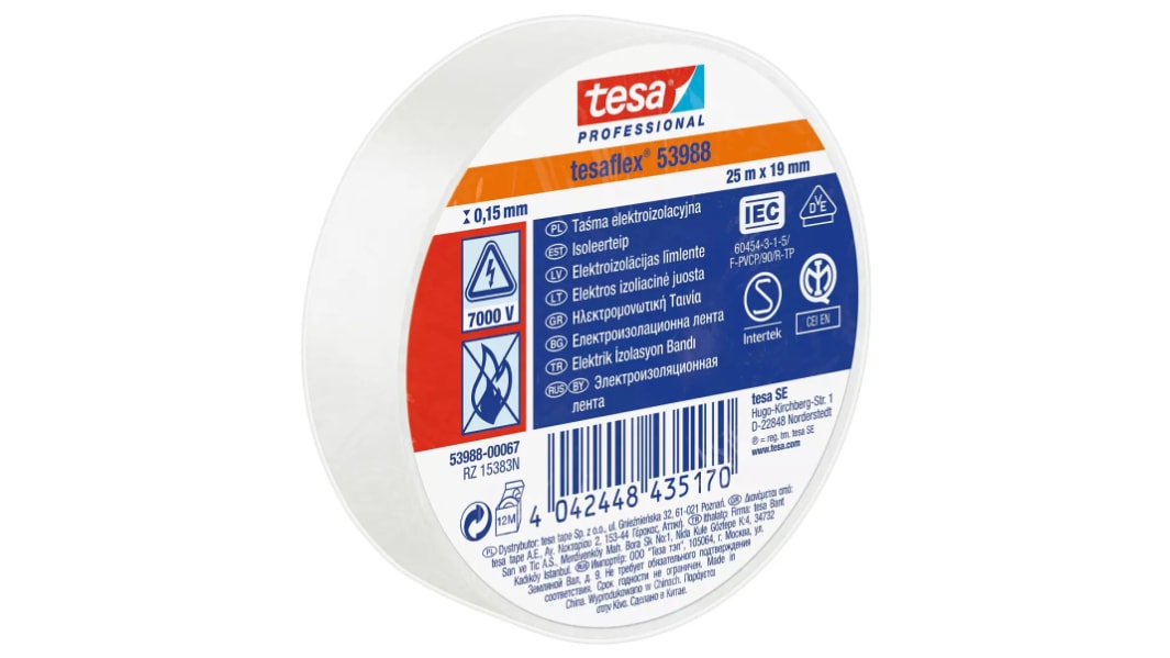 Tesa 絶縁テープ 白,最大動作温度：+90°C,幅：19mm,：53988-00062-01