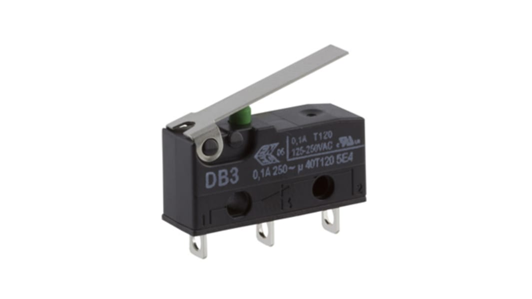 ZF Mikroschalter Kurzer Hebel-Betätiger Lötanschluss, 100 mA @ 30 V dc, SPDT 0,59 N -40°C - +120°C