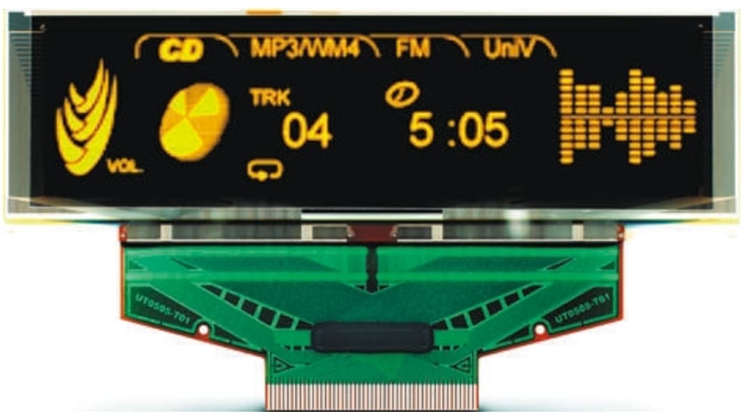 Afficheur OLED, Univision, 2.96pouce, Matrice passive, Jaune, 256 x 64pixels, interface SPI