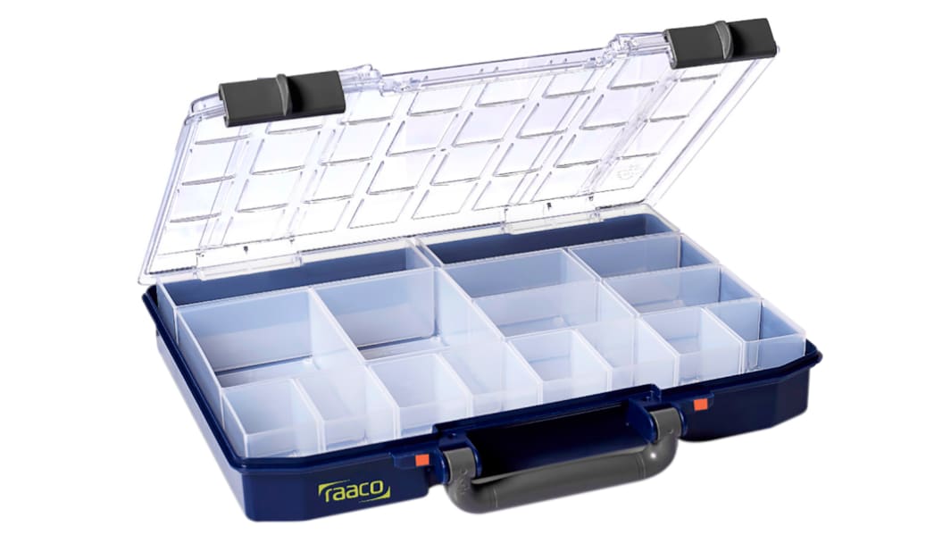 Contenitore modulare Raaco in PP, 16 scomparti regolabili, 57mm x 337mm x 278mm, Coperchio trasparente