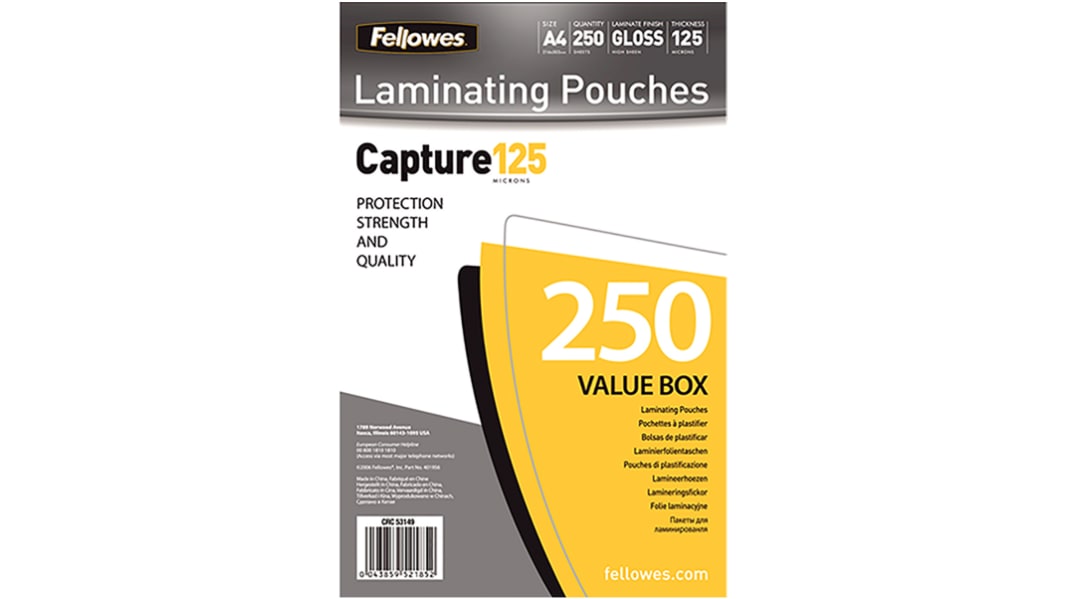 Pochettes à plastifier, Fellowes, Format A4, Epaisseur 125micron, Finition Brillant, 250 unités
