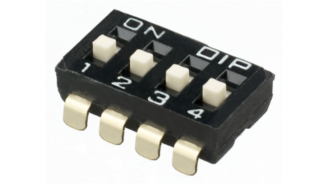 Interruptor DIP, 4PST, Montaje superficial, Actuador Elevado, palanca, parte superior, 25 mA, 4 vías, -20 → +85°C