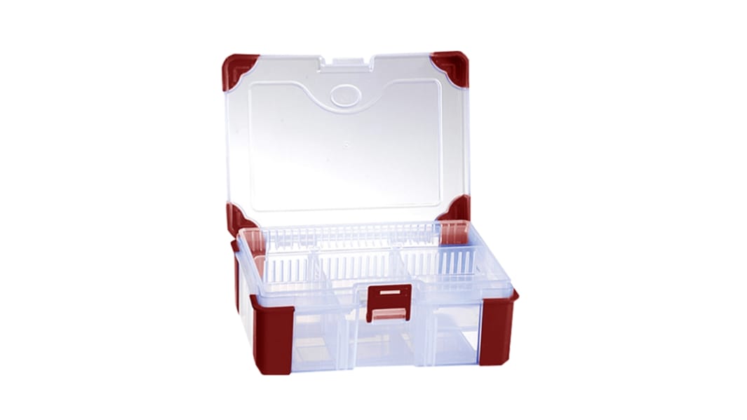 RS PRO 10 Cell Transparent Red Polypropylene, Adjustable Compartment Box, 60mm x 170mm x 130mm