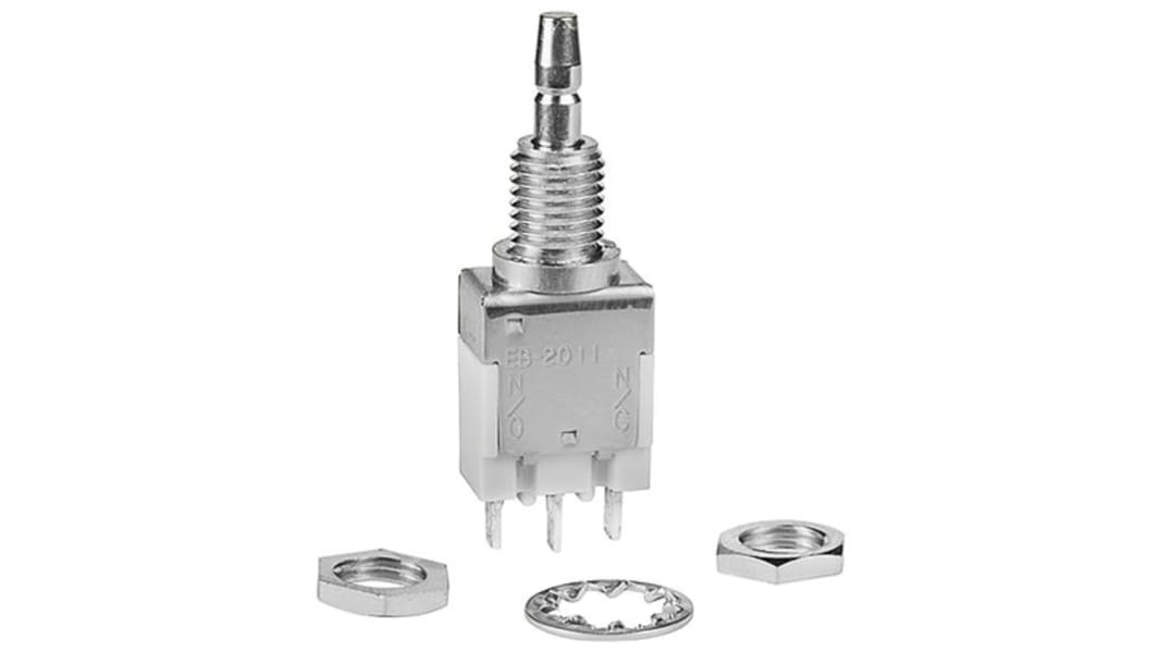 NKK Switches Push Button Switch, Momentary, Panel Mount, 6.35mm Cutout, SPDT, 125V ac