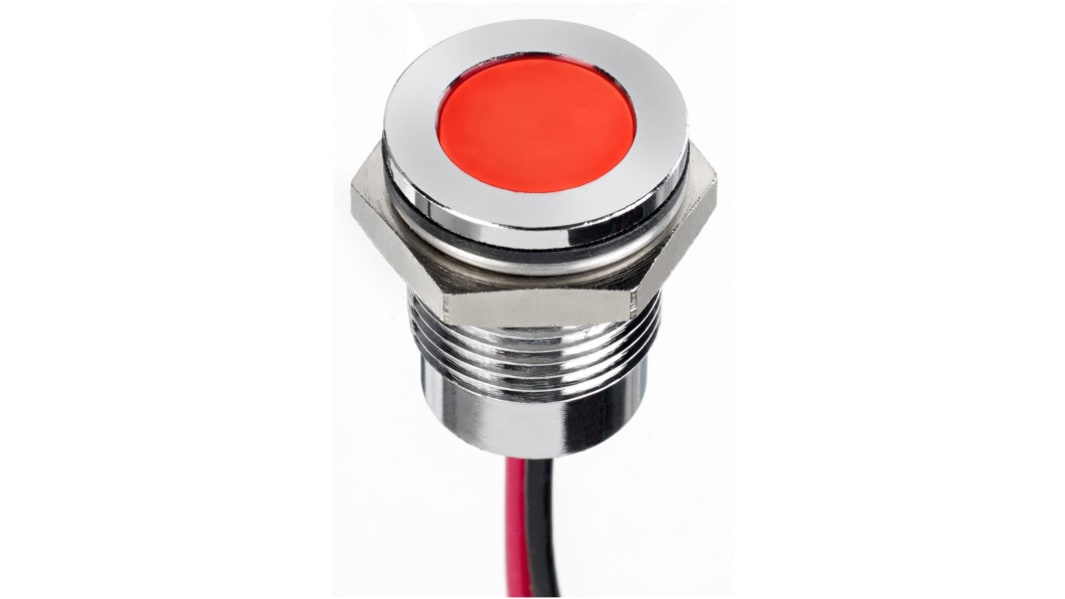 RS PRO Red Panel Mount Indicator, 12V dc, 14mm Mounting Hole Size, Lead Wires Termination, IP67