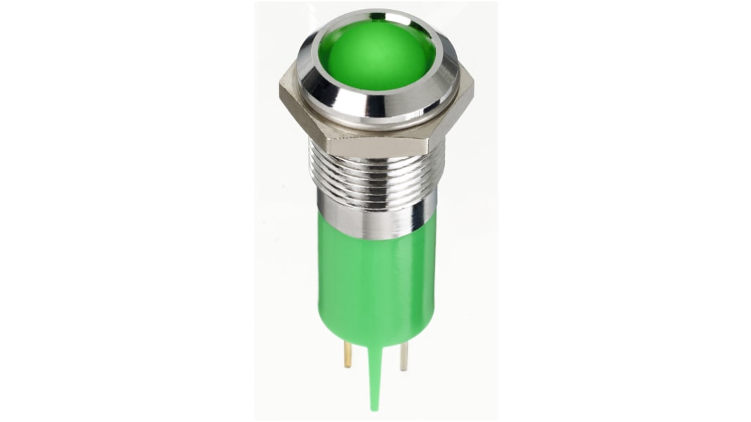 RS PRO Green Panel Mount Indicator, 2V dc, 14mm Mounting Hole Size, Faston, Solder Lug Termination, IP67