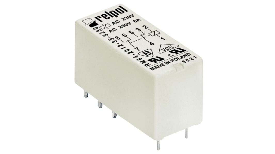 Relpol PCB Mount Power Relay, 110V dc Coil, 8A Switching Current, DPDT
