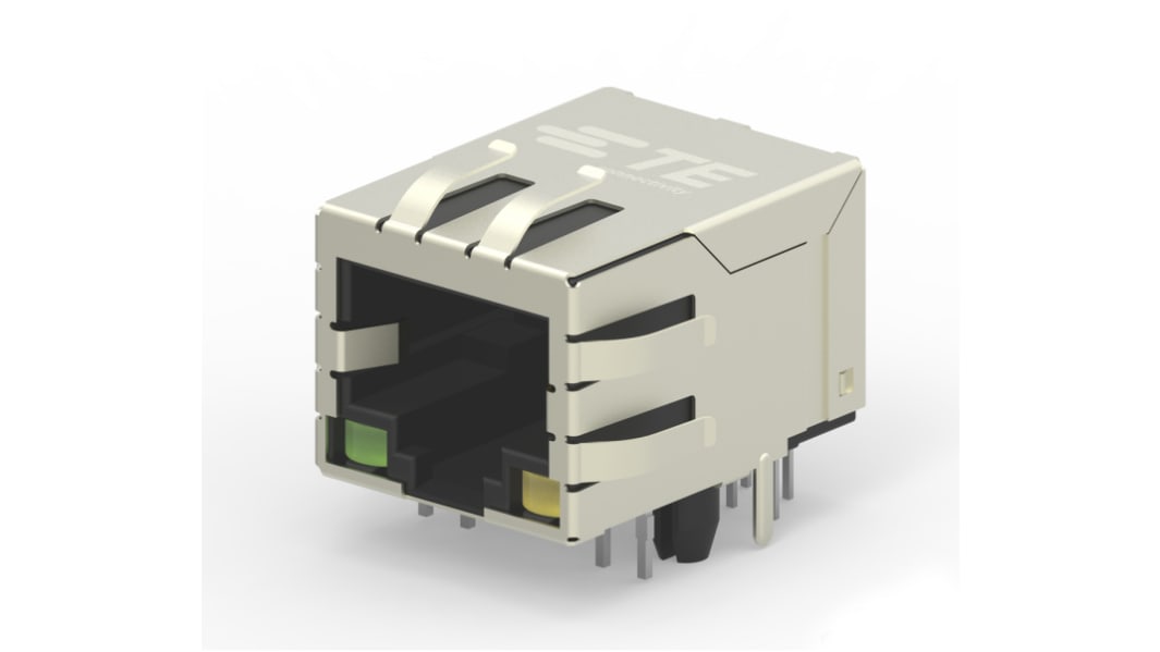 TE Connectivity 1-2301994 Series Female RJ45 Connector, PCB Mount, Cat6, Nickel Plated Brass Shield Right Angle 1 x 1