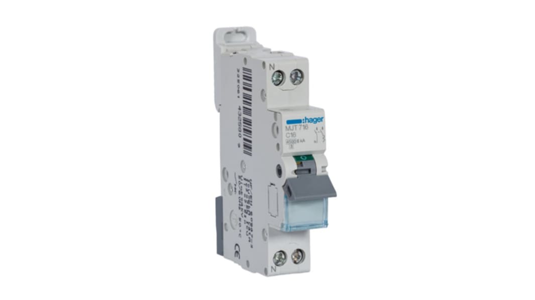 Disjoncteur Hager MJT 2P, 16A, pouvoir de coupure 6 kA, montage rail DIN
