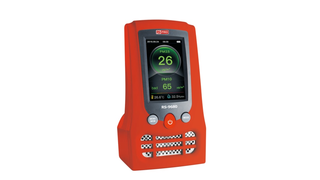 RS PRO RS-9680 Air Quality Meter for Formaldehyde, Humidity, PM 2.5, PM 10, Temperature, TVOC, Battery-Powered
