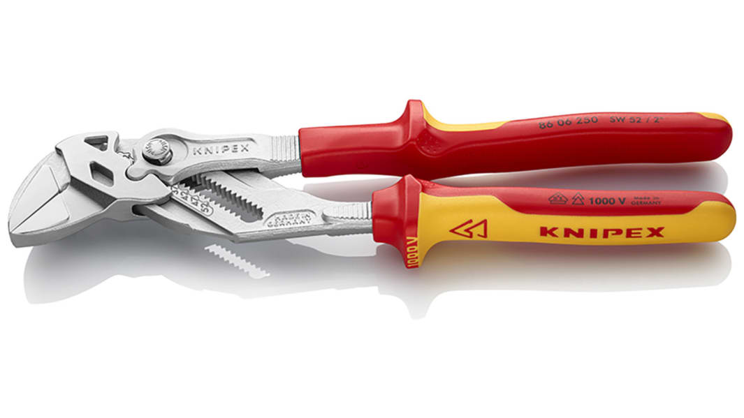 Knipex 86 06 Plier Wrench, 250 mm Overall, Angled, Bent, Flat, Straight Tip, VDE/1000V, 52mm Jaw
