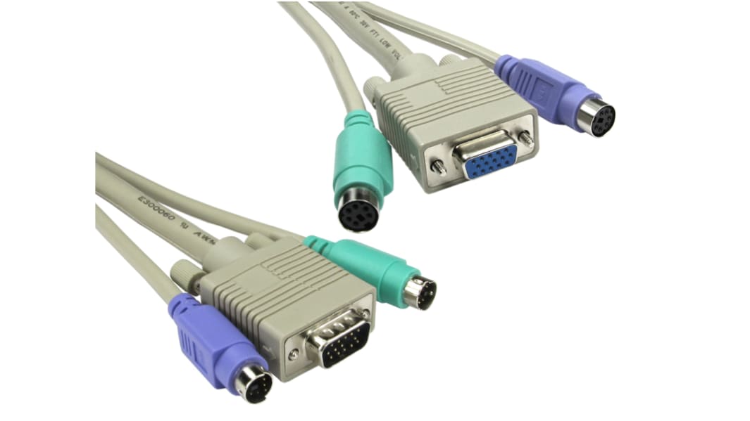 RS PRO KVM-Kabel, PS/2 x 2; VGA / Stecker, PS/2 x 2, SVGA / Buchse, Grau, 3m