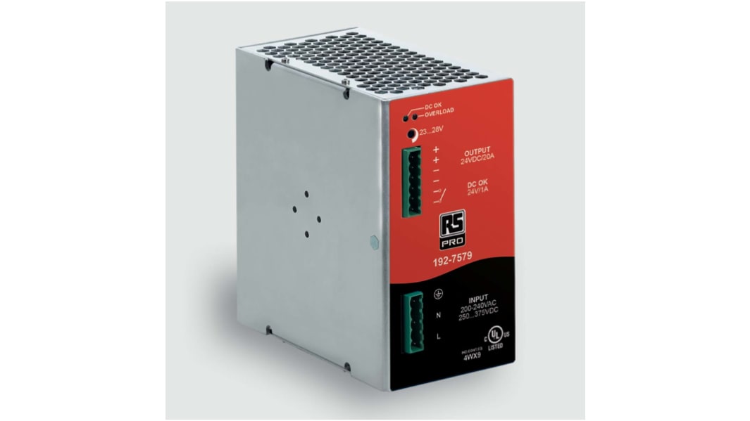 RS PRO DIN-Schienen Netzteil Getaktet 23 → 28V dc / 20A 480W 187 → 264 V ac / 250 → 375V dc