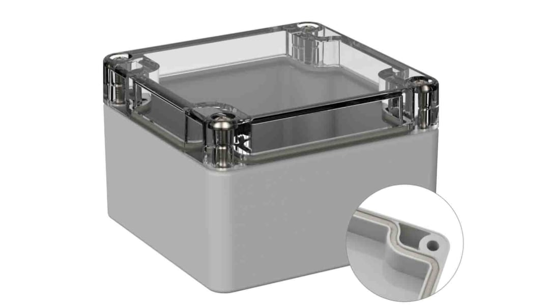 RS PRO Grey Polycarbonate General Purpose Enclosure, IP66, IK07, Clear Lid, 80 x 82 x 55mm