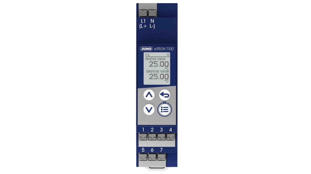 Controlador de temperatura ON/OFF Jumo serie eTRON T100, 90 x 22.5 x 62mm, 230 V, 1 entrada Termopar tipo J, termopar