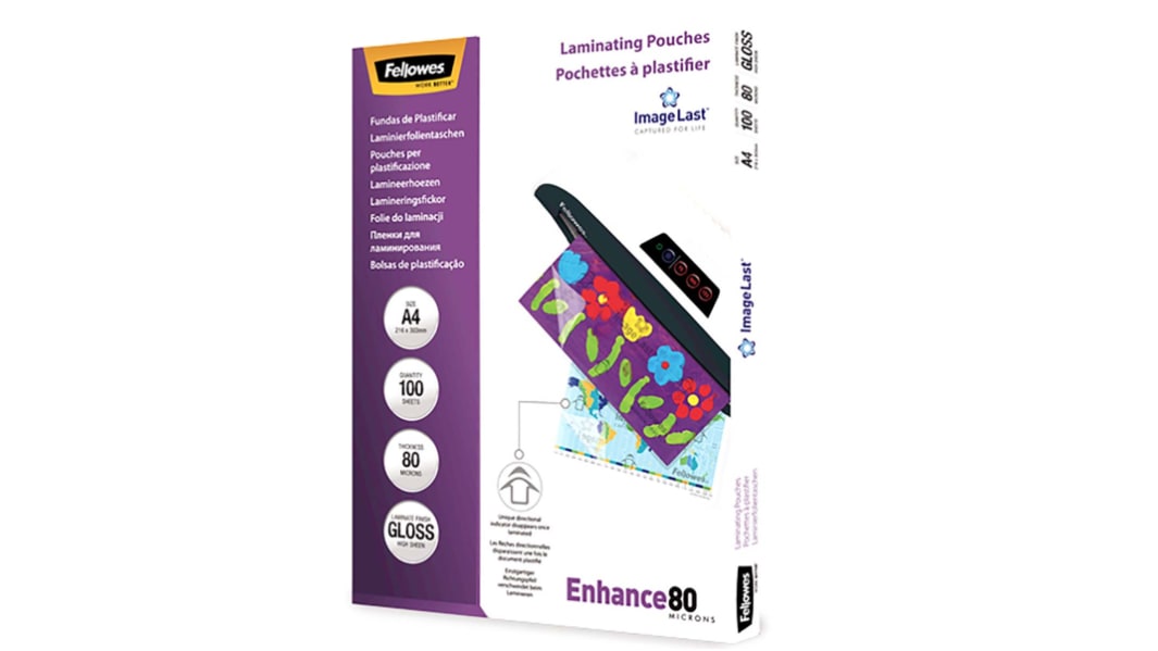 Fellowes A4 Glossy  Laminator Pouches 80micron Thickness, 100 Pack Quantity