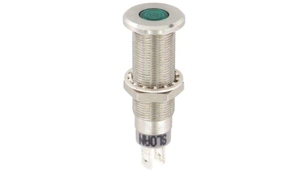 Sloan Grøn Lysdiode Panelmonteret kontrollampe 8.2mm hulstr., Forsænket, Loddeflig, 2.1V, Krom frontramme