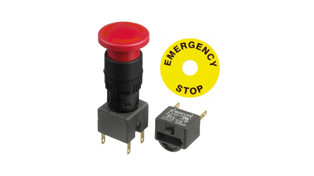 Seta de emergencia APEM serie A01ES, 2 NC, montaje en panel, Ø de montaje 16mm, IP65