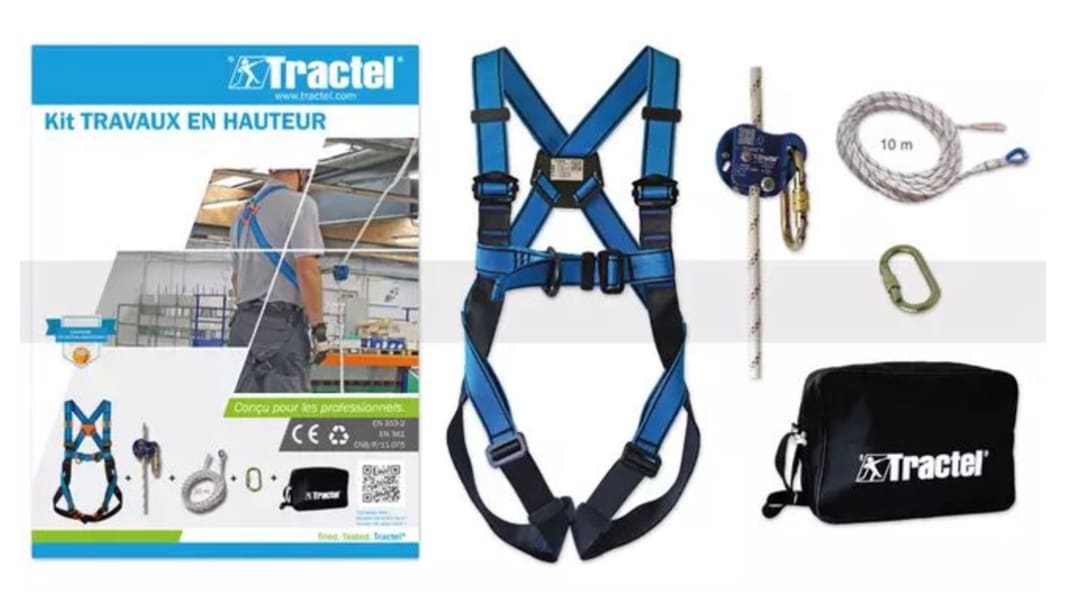 Kit anticaduta Tractel contenente Il kit include una cintura di sicurezza HT22, un dispositivo di arresto cadute
