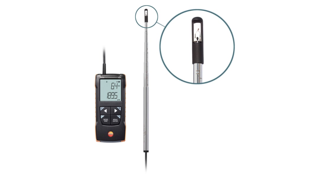 Testo 425 Telescopic Vane Anemometer, 30m/s Max, Measures Air Velocity, Temperature, Volume Flow