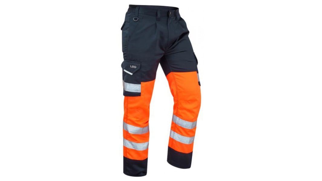 Leo Workwear CT01ON Orange/Navy Stain Resistant, Waterproof Hi Vis Trousers 34in Leg Length 84cm