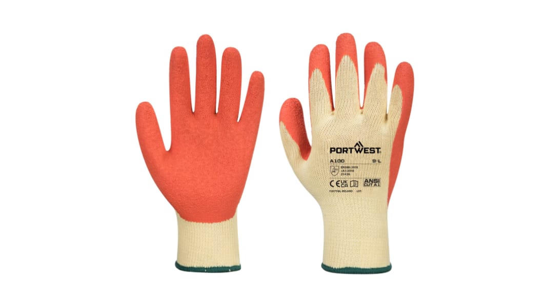 Guantes de agarre de Látex Naranja Portwest serie A100, talla 8, con recubrimiento de Látex