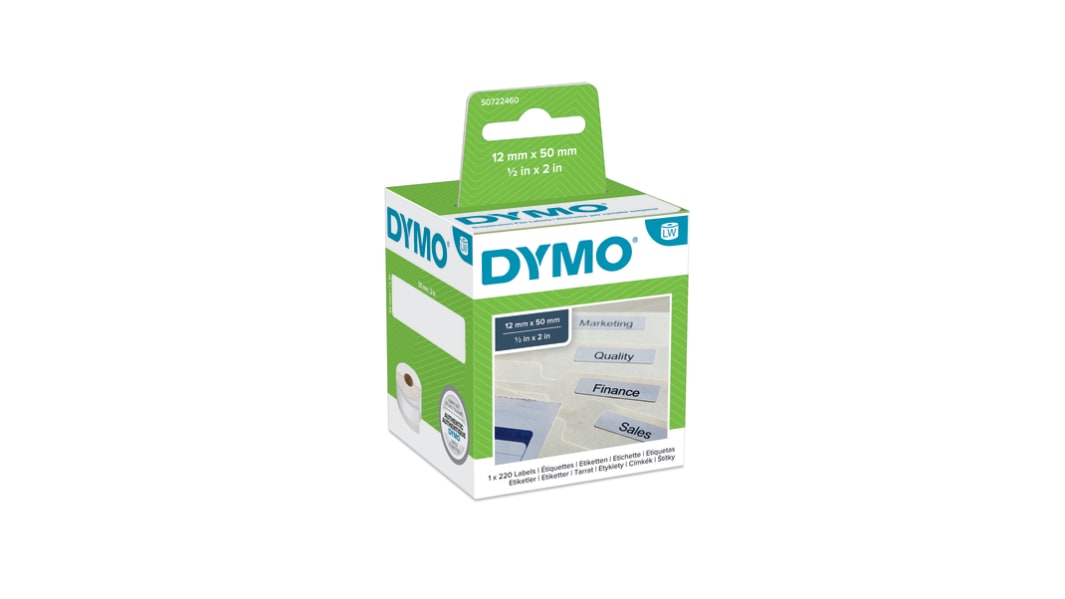 Dymo White Black Print Label Roll, 50mm Width, 12mm Height, 220Per Roll Qty
