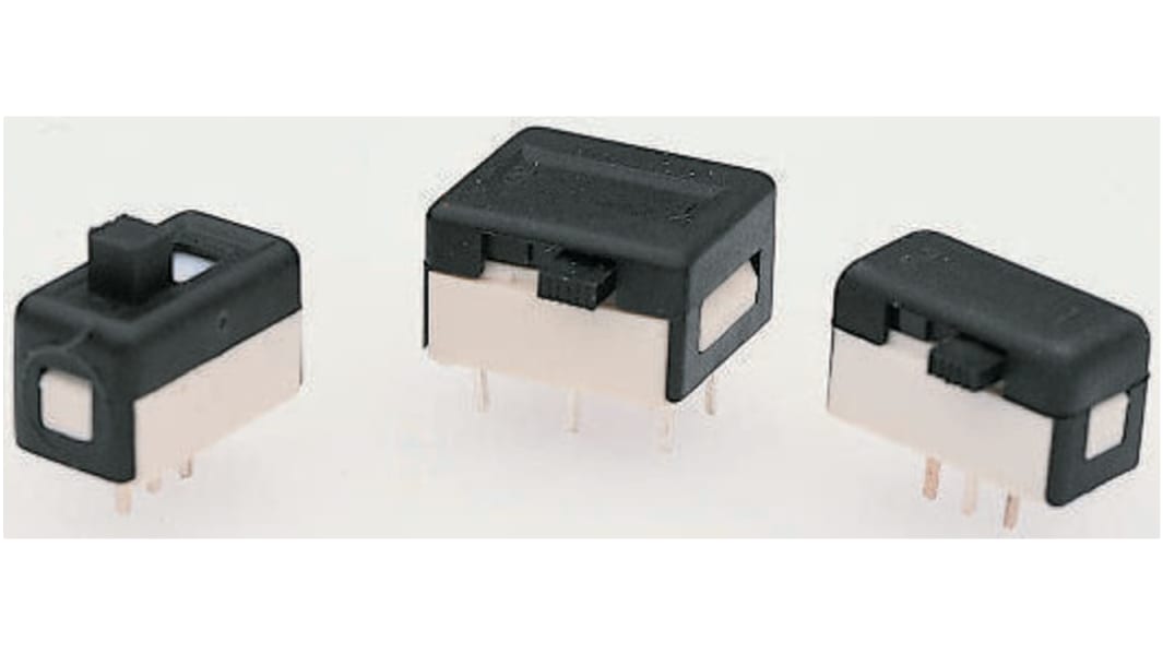 Interruptor de actuador deslizante SPDT, Enclavamiento, 100 mA a 30 V dc, Montaje en PCB