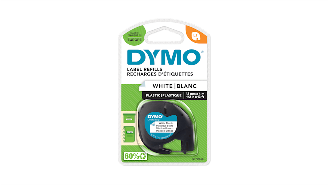 Cinta para impresora de etiquetas Dymo, color Negro sobre fondo Blanco, 1 Roll, para usar con Dymo Letratag LT100H,