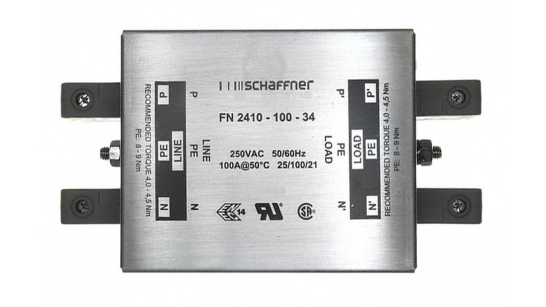 Schaffner, FN2410 100A 250 V ac 400Hz, Chassis Mount EMC Filter, Terminal Block, Single Phase